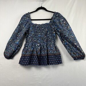 Vineyard Vines Top Womens M Babydoll Smocked Floral Puff Sleeve Cottage core